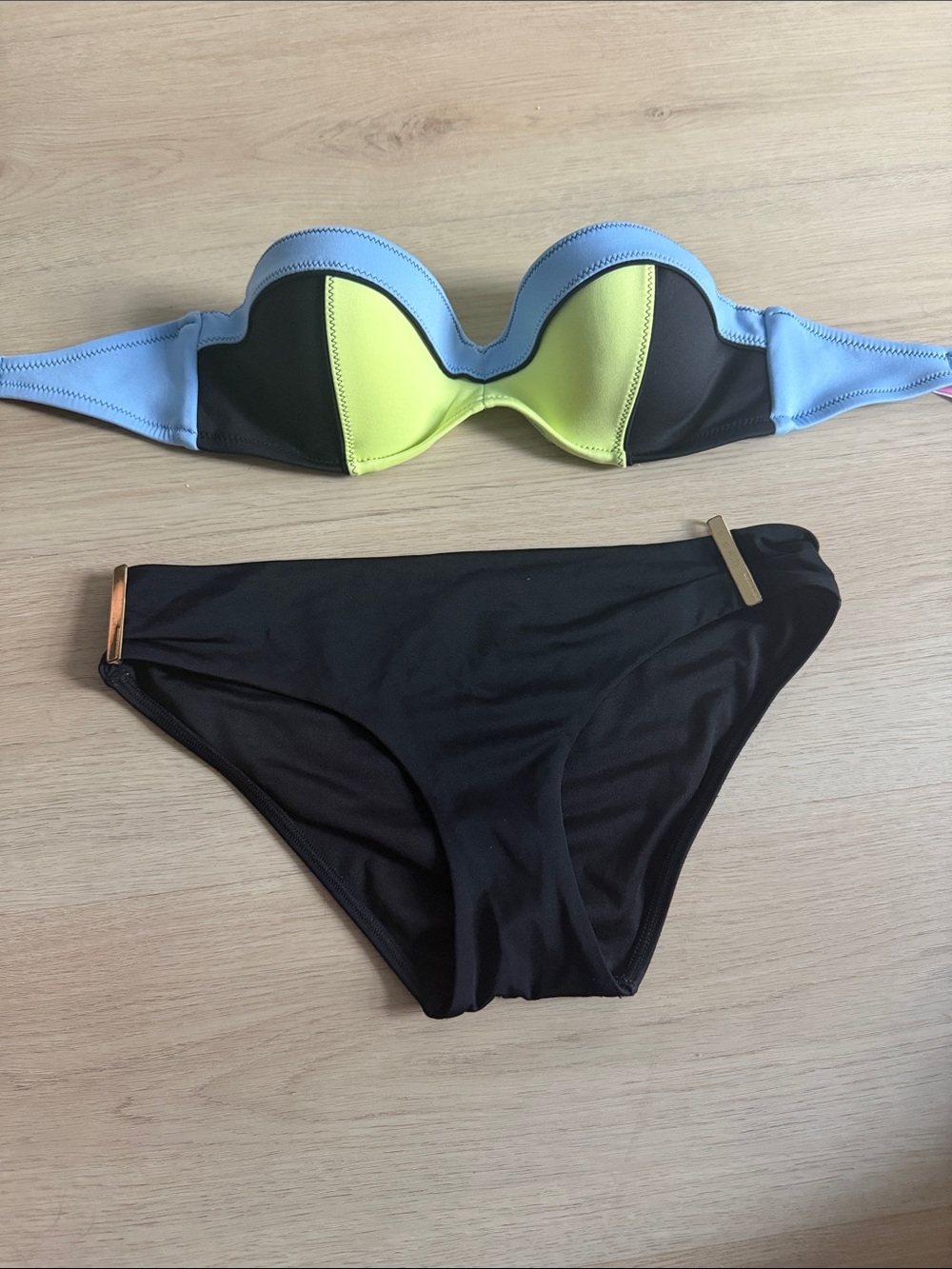 Victoria's Secret Bandeau Bikini Set - Black, Light Blue & Neon Yellow